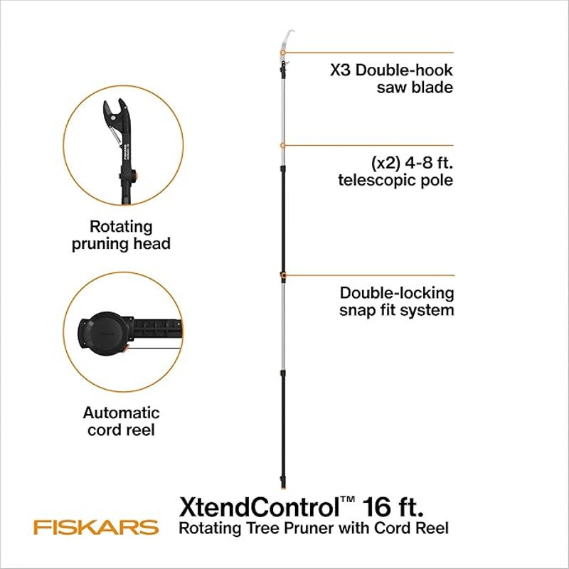 Fiskars XtendControl 16'Tree Pruner Kit with Rotating Head, 15"X3 Double-Hooked Saw, Lightweight Al