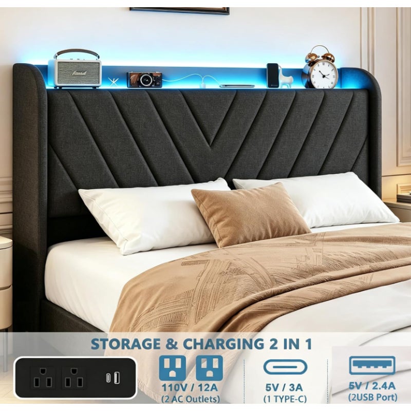 Full Size Bed Frame with Charging Station and LED Lights, Wingback Bed Frame with Headboard