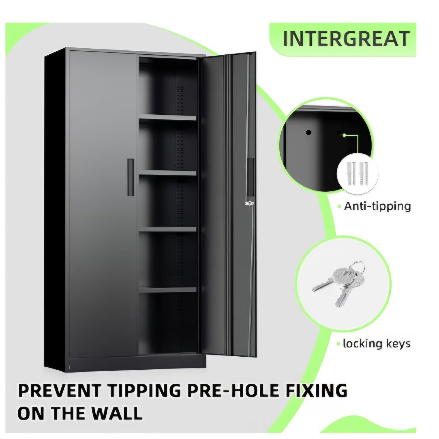 Black Metal Storage Cabinet, 72" Locking Steel Cabinets with 2 Door and 4 Adjustable Shelves