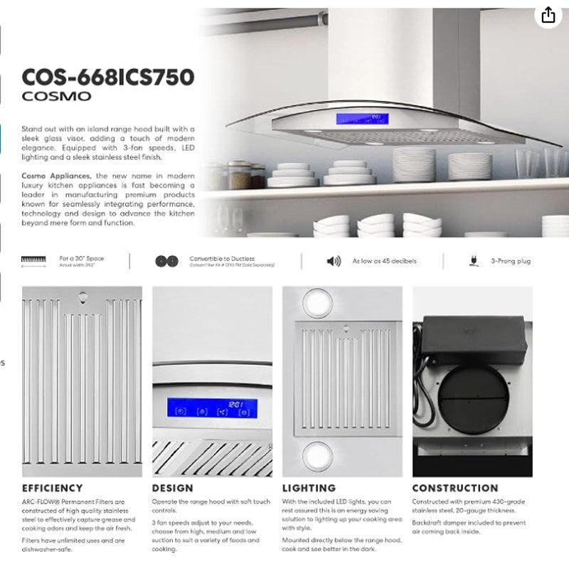 30 in. Lumin Coll 380 CFM Ducted Island Range Hood, LED, Stainless Steel Cosmo COS-668ICS750 Soft