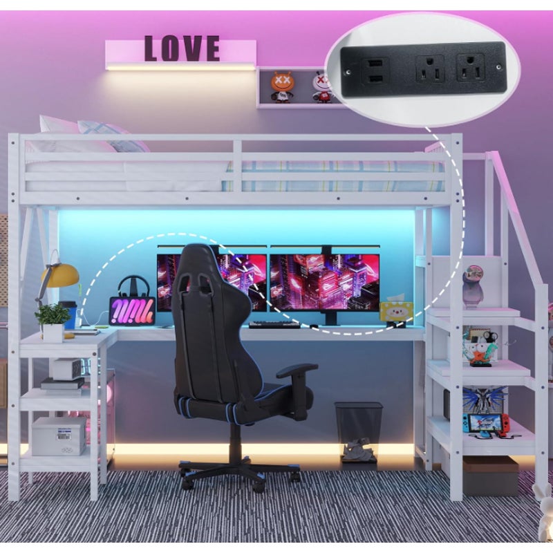 Full Size Metal Loft Bed Frame with L-Shaped Desk & Staircase & Wardrobe & USB