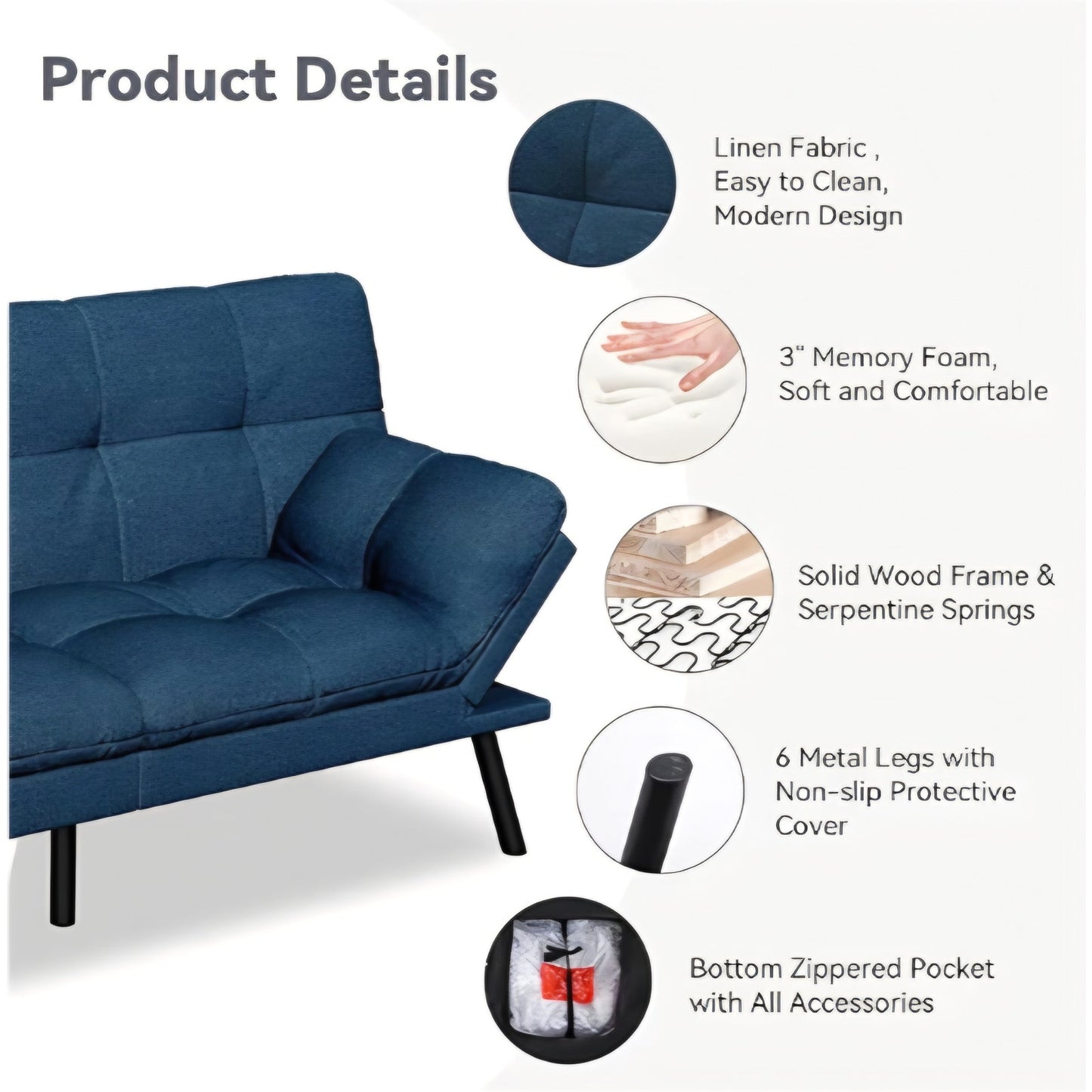 Convertible Futon Sofa Bed,Blue Linen Modern Futon Couch,Memory Foam Loveseat Sleeper Recliner