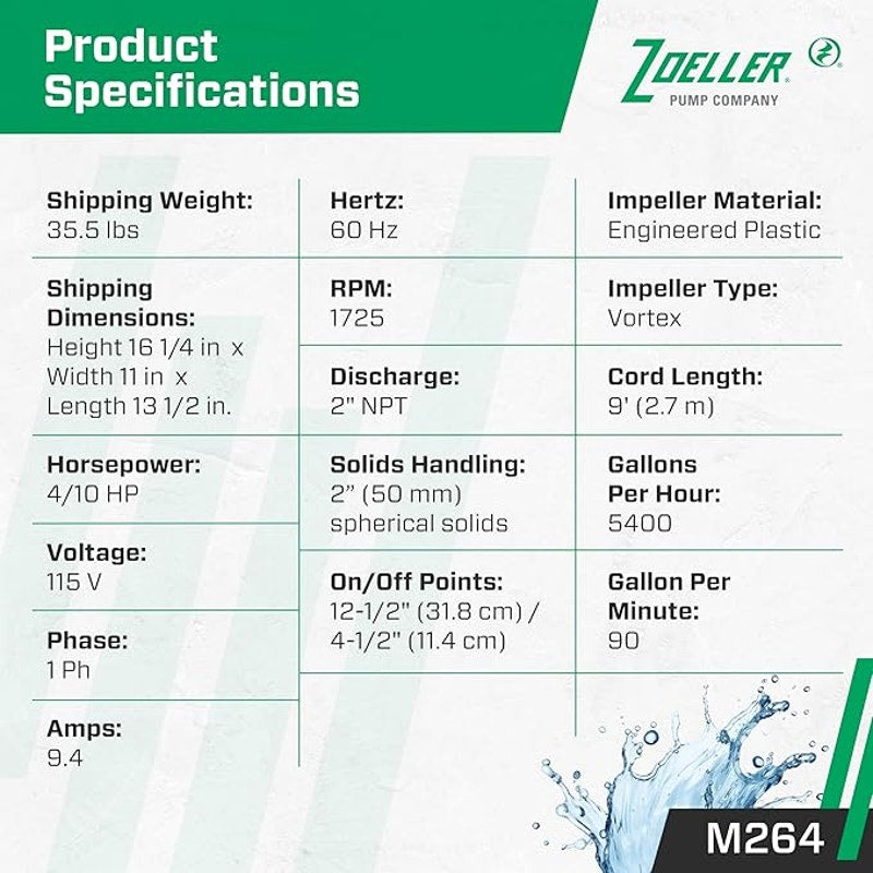 Zoeller M264 Waste-Mate Sewage Pump, 4/10th Horsepower, 115V