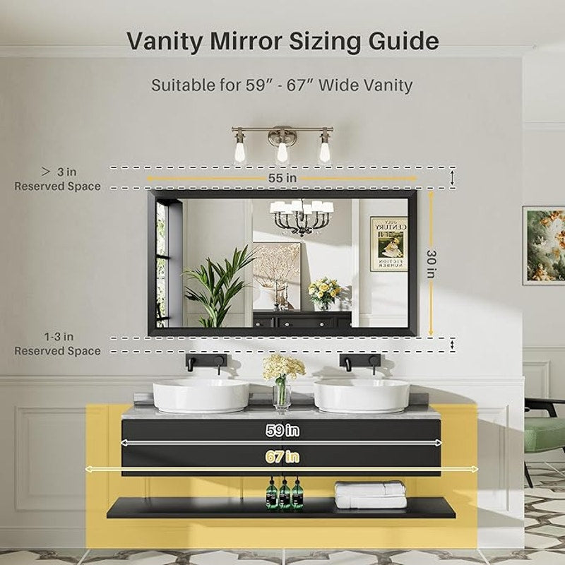 55x30 Inch Black Bathroom Mirror for Wall,Thick Metal Framed Rectangle, Anti-Rust,HD Tempered Glass