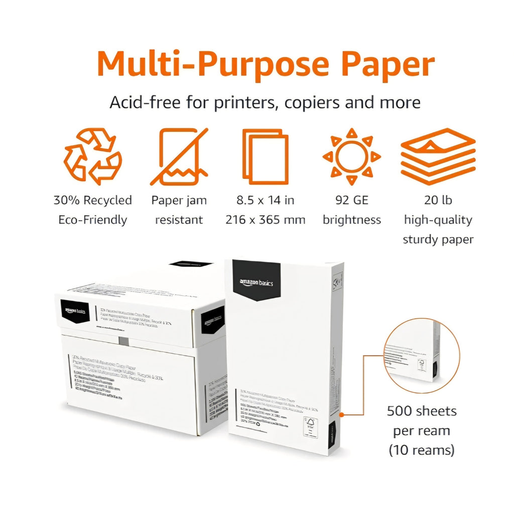30% Recycled Multipurpose Copy Printer Paper, 8.5 x 14 Inches, 20 lb, 10 Ream