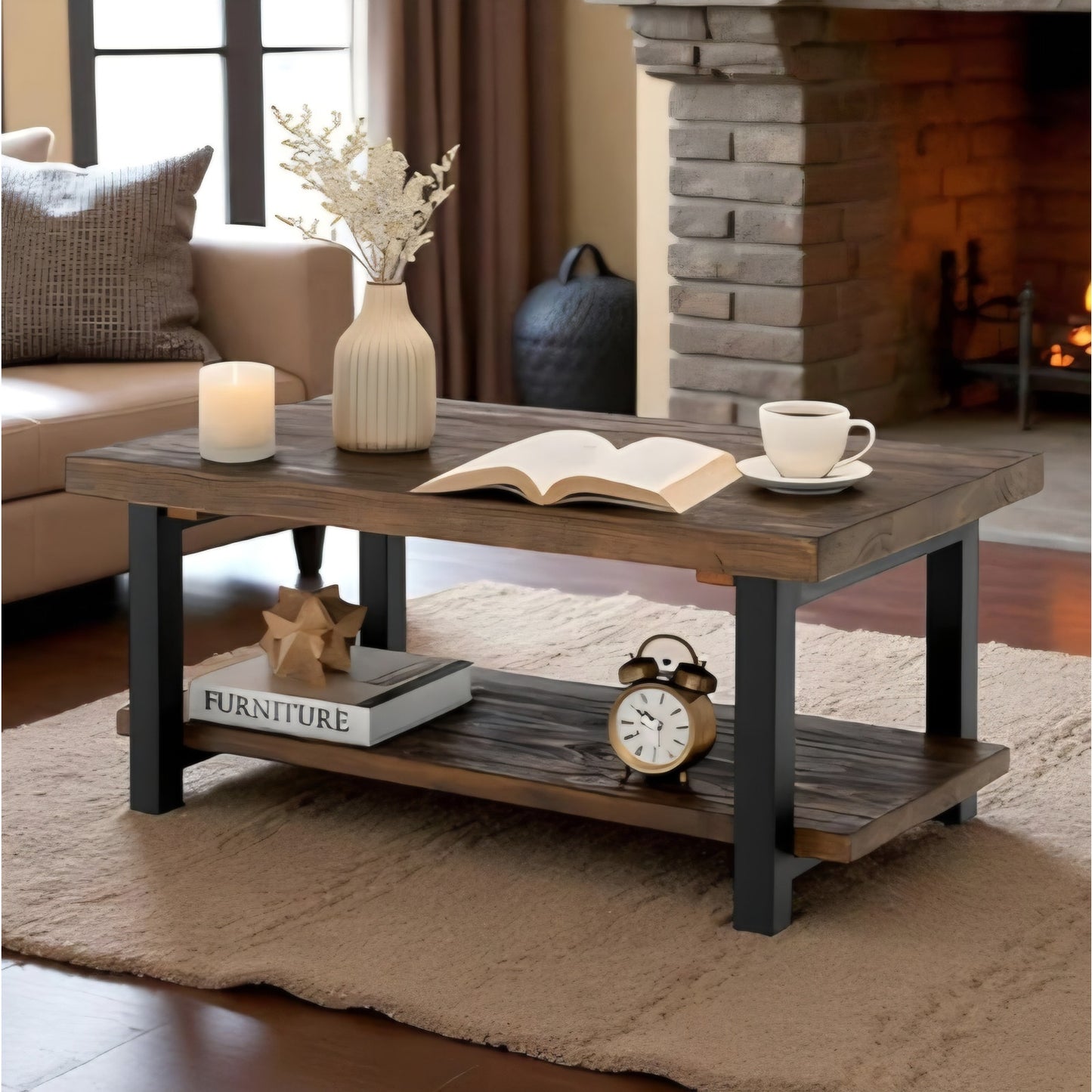 Rustic Coffee Table with Storage Shelf - 42-Inch Industrial Modern Metal and Solid Wood Living Room