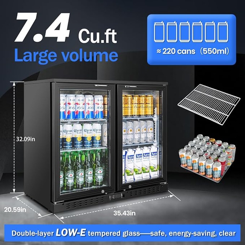 Back Bar Cooler with 2 Glass Doors Commercial Under Counter Beverage Refrigerator 7.4 Cu.ft. Black
