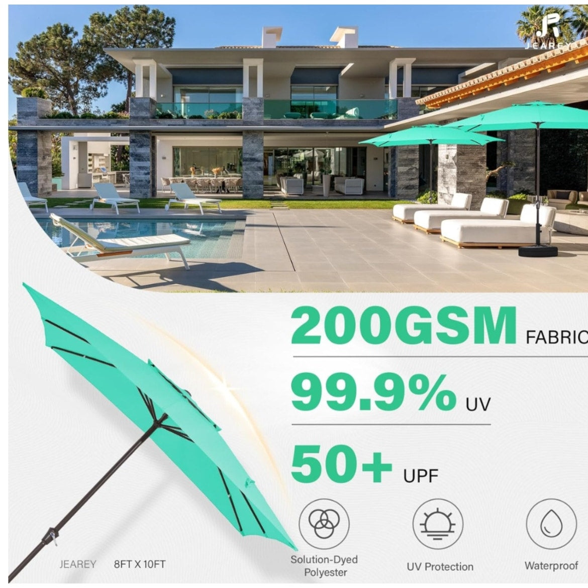 Rectangular Patio Umbrellas Outdoor Table Market Umbrella w/Crank, 8 Sturdy Ribs, UV Protection