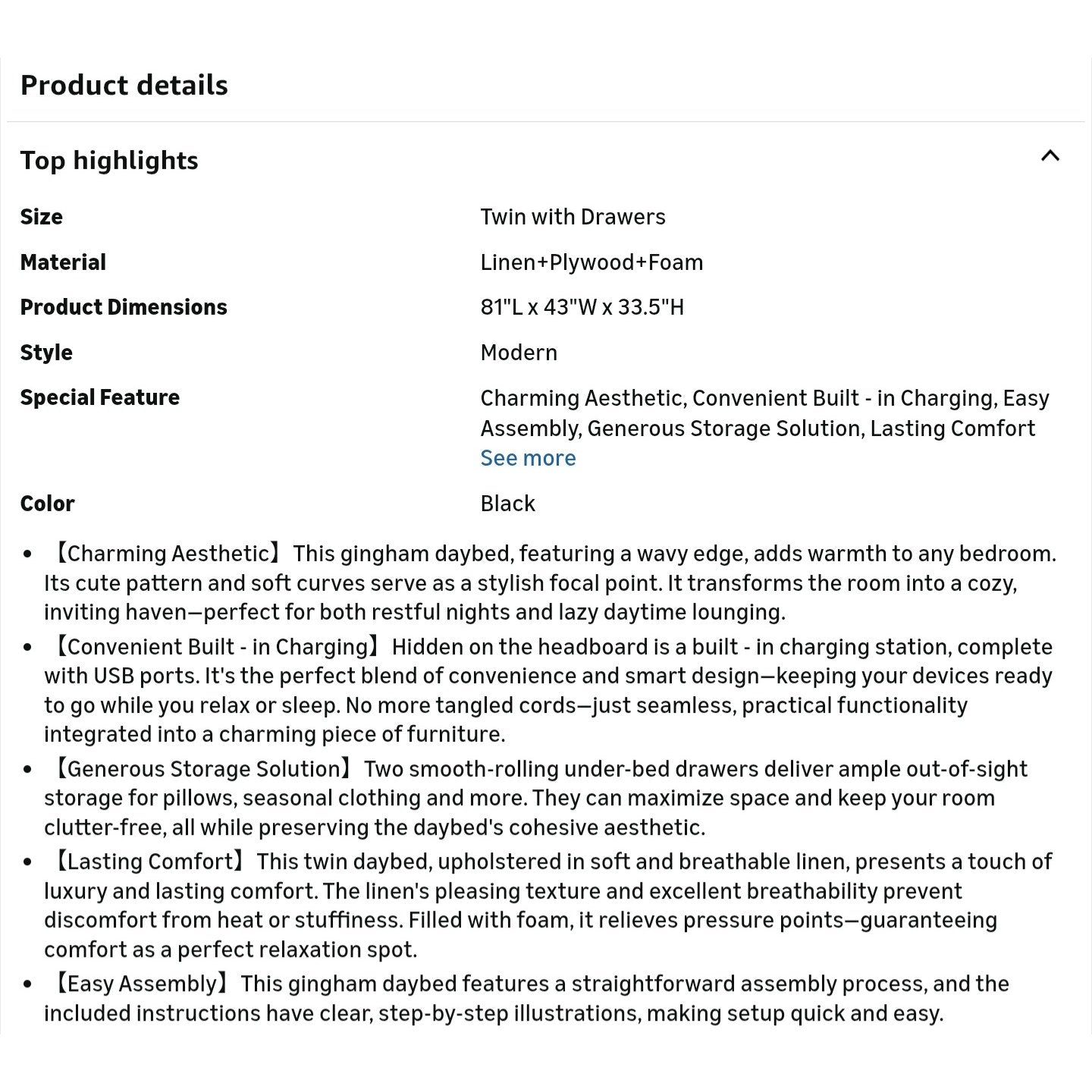 Twin Size Upholstered Daybed with 2 Storage Drawers, Gingham Daybed with USB Ports for Bedroom
