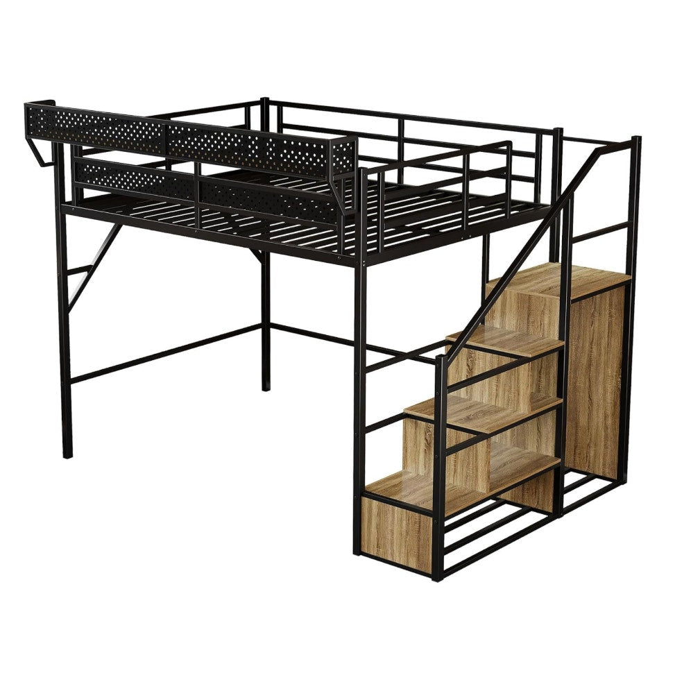 Queen Size Metal Loft Bed with Reversible Stairs and LED & USB Port Storage Shelf