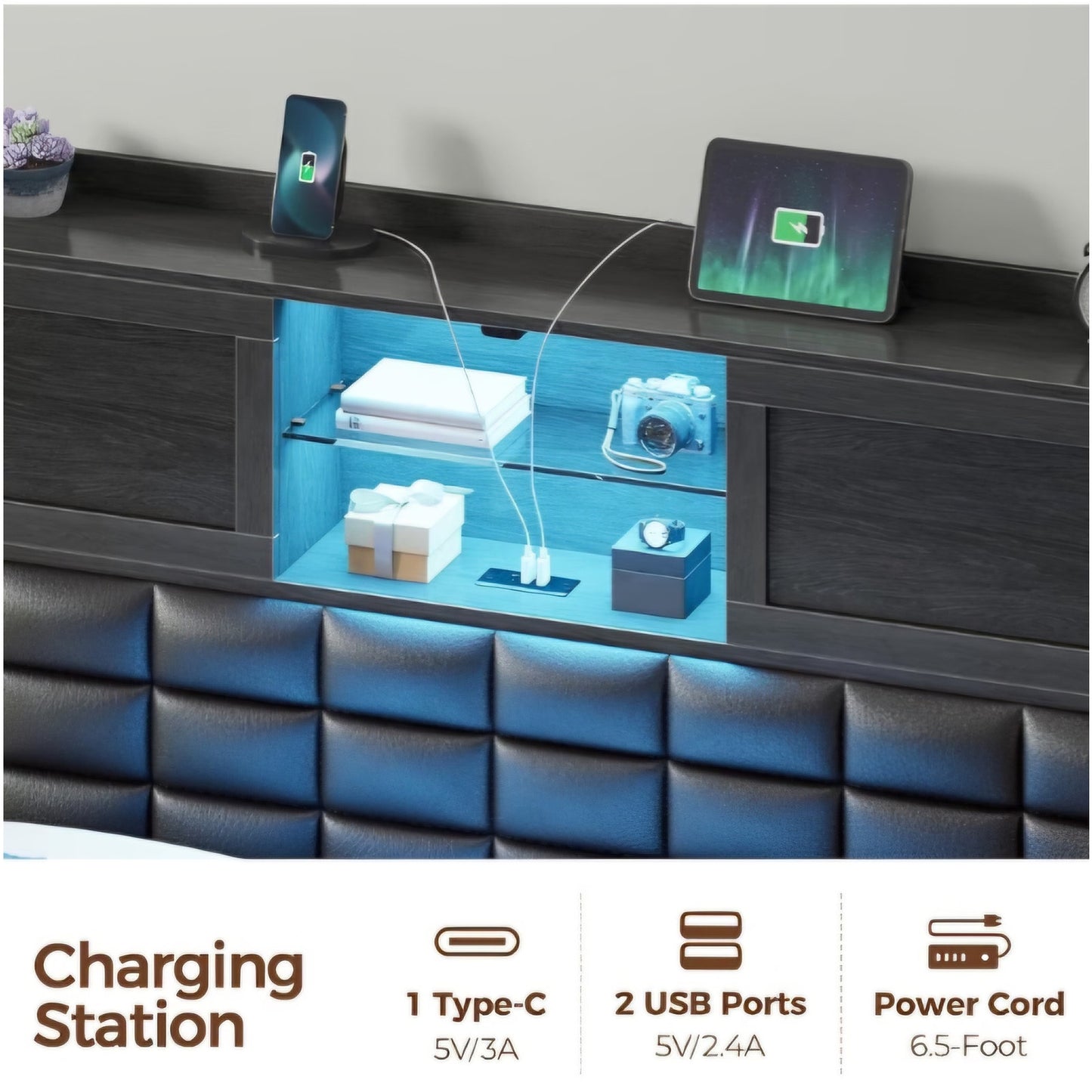 Rolanstar Bed Frame Full Size with Charging Station, Bookcase Headboard Bed with LED Light