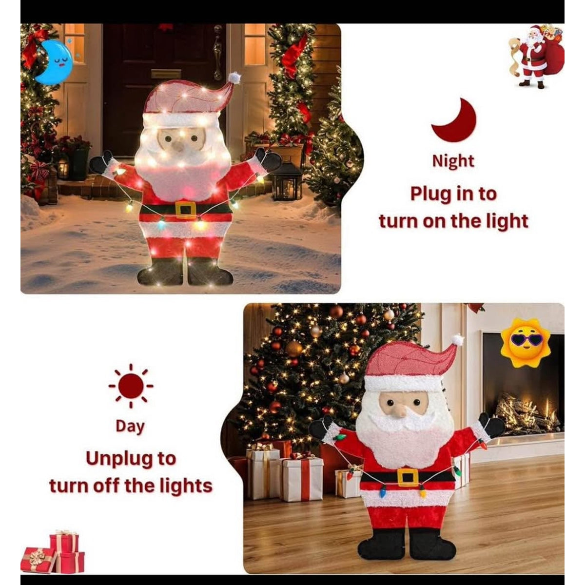 GENIMO 2D Santa Claus Outdoor Christmas Decorations, 50 Lights Pre-Lit with Colorful Light Strip for