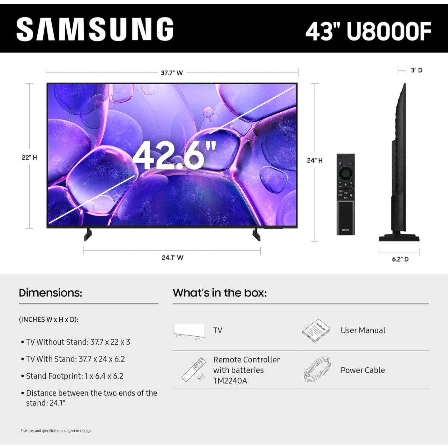 SAMSUNG 43-Inch Class Crystal UHD U8000F 4K Smart TV (2025 Model) Endless Free Content, Crystal Proc