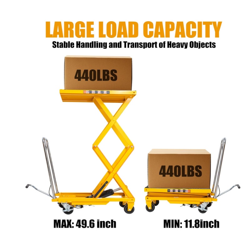 Hydraulic Lift Table Cart, 440lbs Capacity 49.6'' Max Lift, Double Scissor Lift Table w/4 Wheels