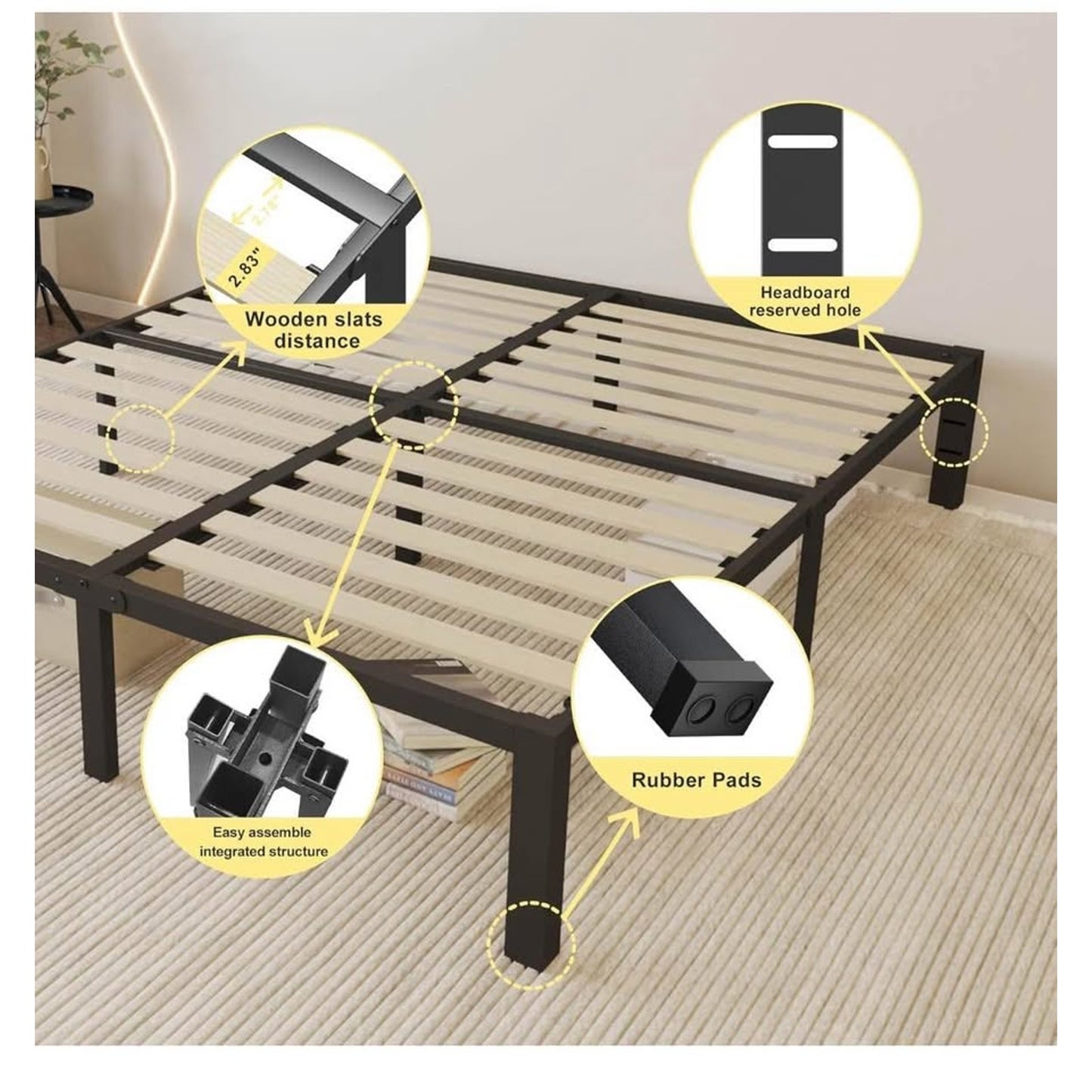 ROIL 14 inch Queen Size Bed Frame with Wood Slats - 3500lbs Heavy Duty No Box Spring Needed Platform