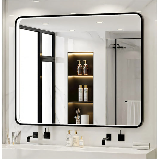 43X36 Inch Black LED Bathroom Mirror with Lights,Metal Frame Lighted Vanity Mirror,Anti Fog,Dimmabl