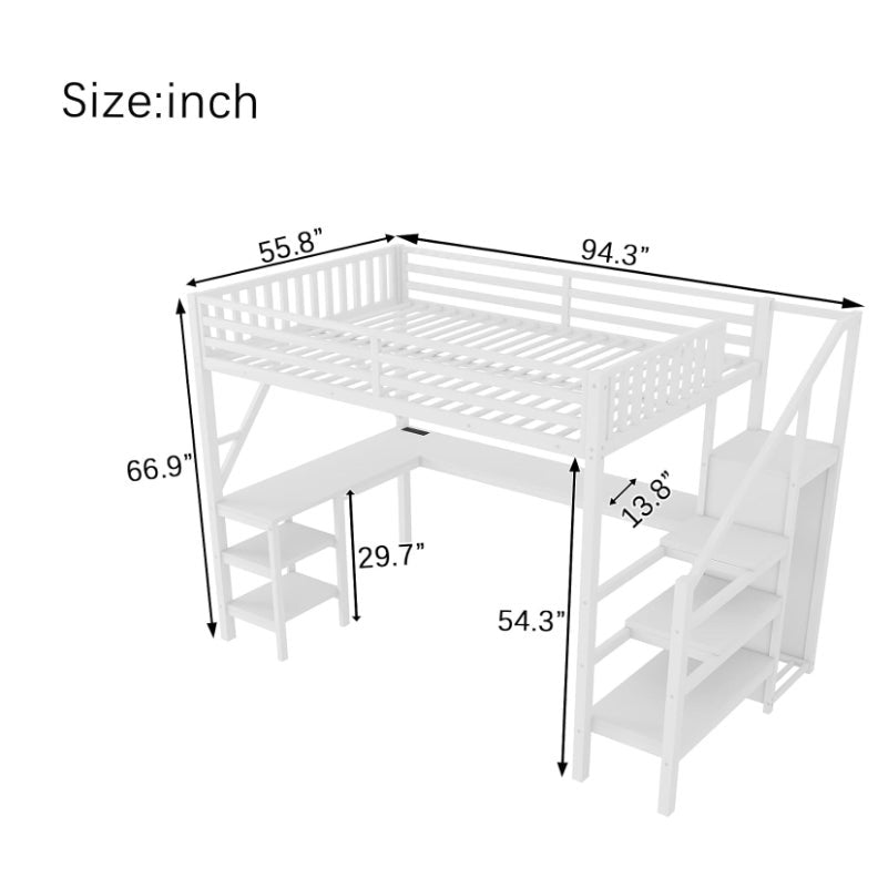 Full Size Metal Loft Bed Frame with L-Shaped Desk & Staircase & Wardrobe & USB