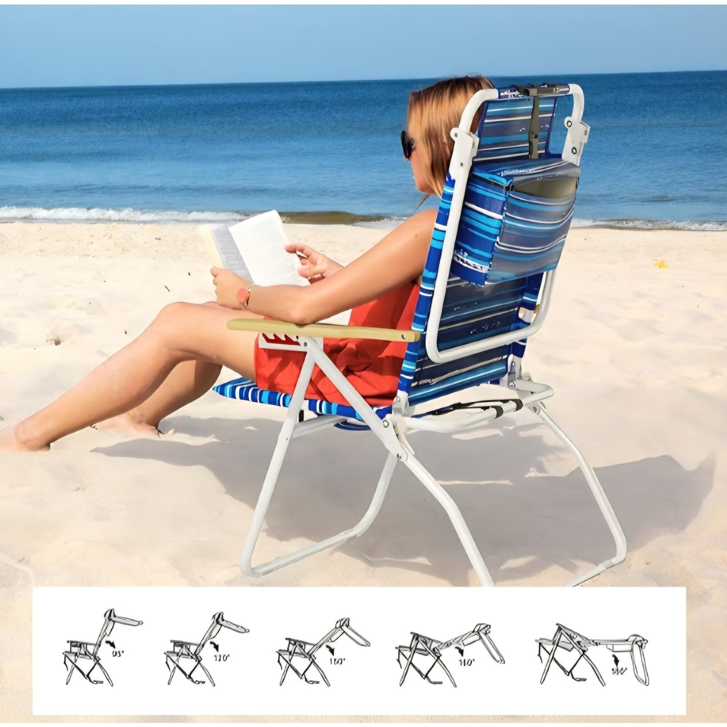 Tall Beach Chairs for Adults Backpack Beach Chair with Wooden Armrests Heavy Duty Chair, Striped