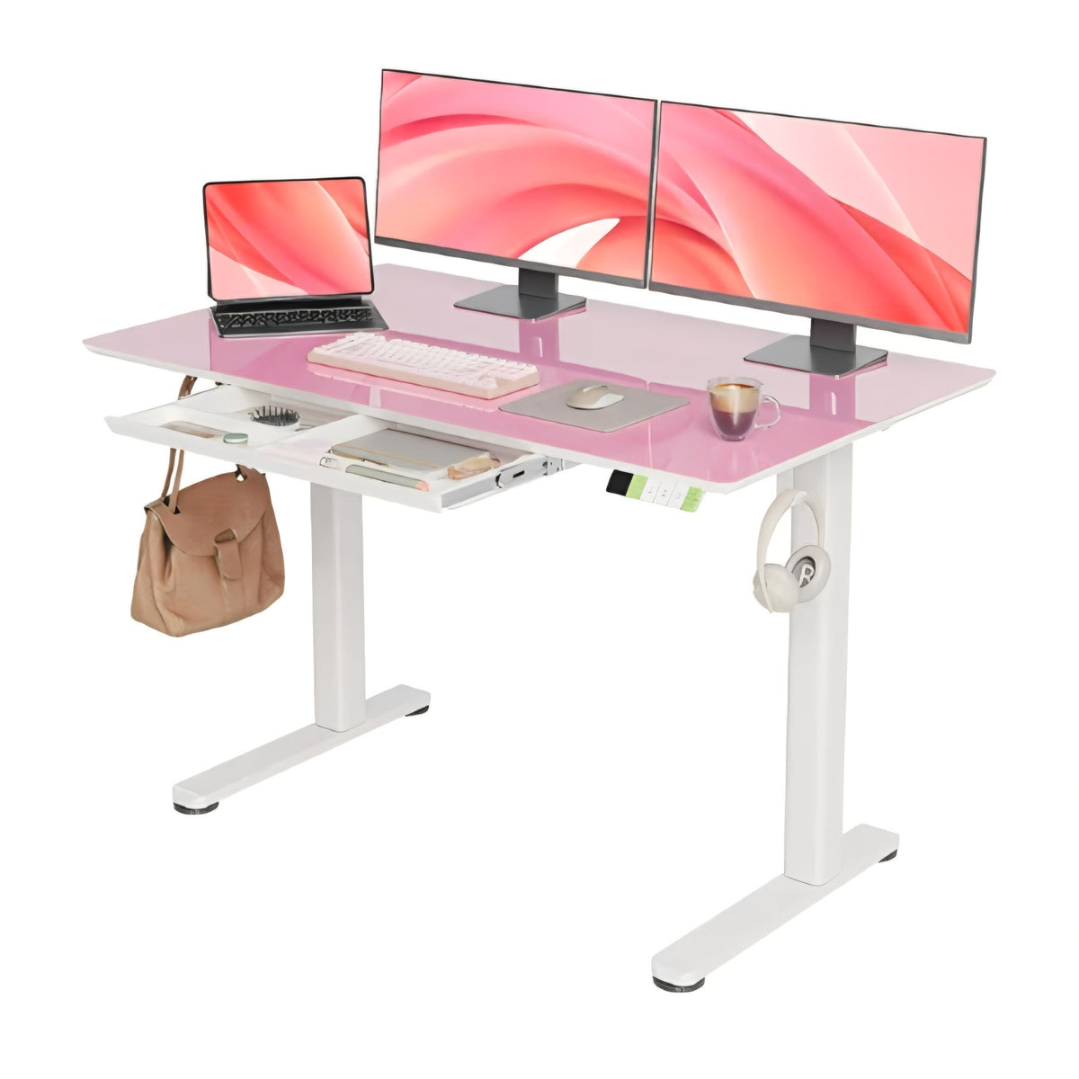 Glass Standing Desk with Drawers, Adjustable Height Stand Up Desk