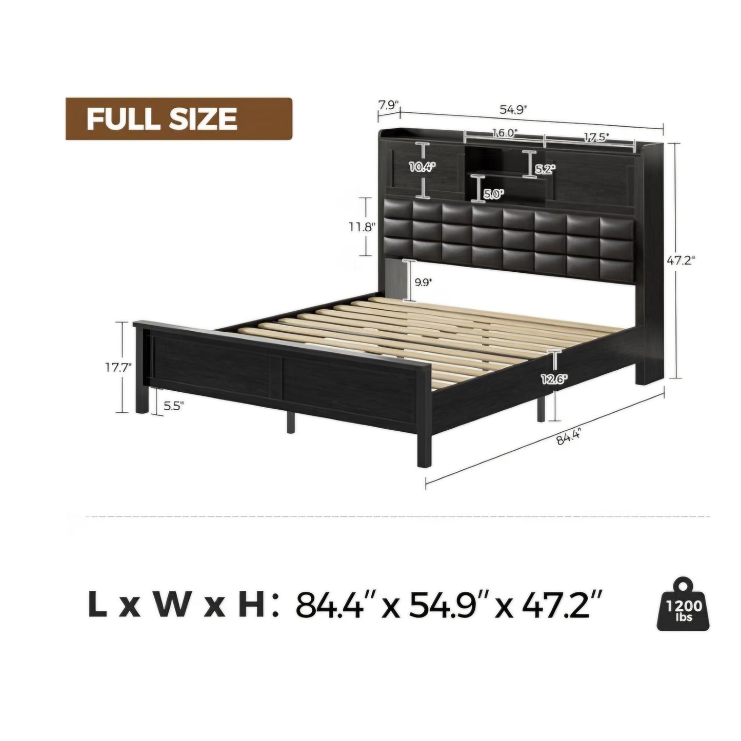 Rolanstar Bed Frame Full Size with Charging Station, Bookcase Headboard Bed with LED Light