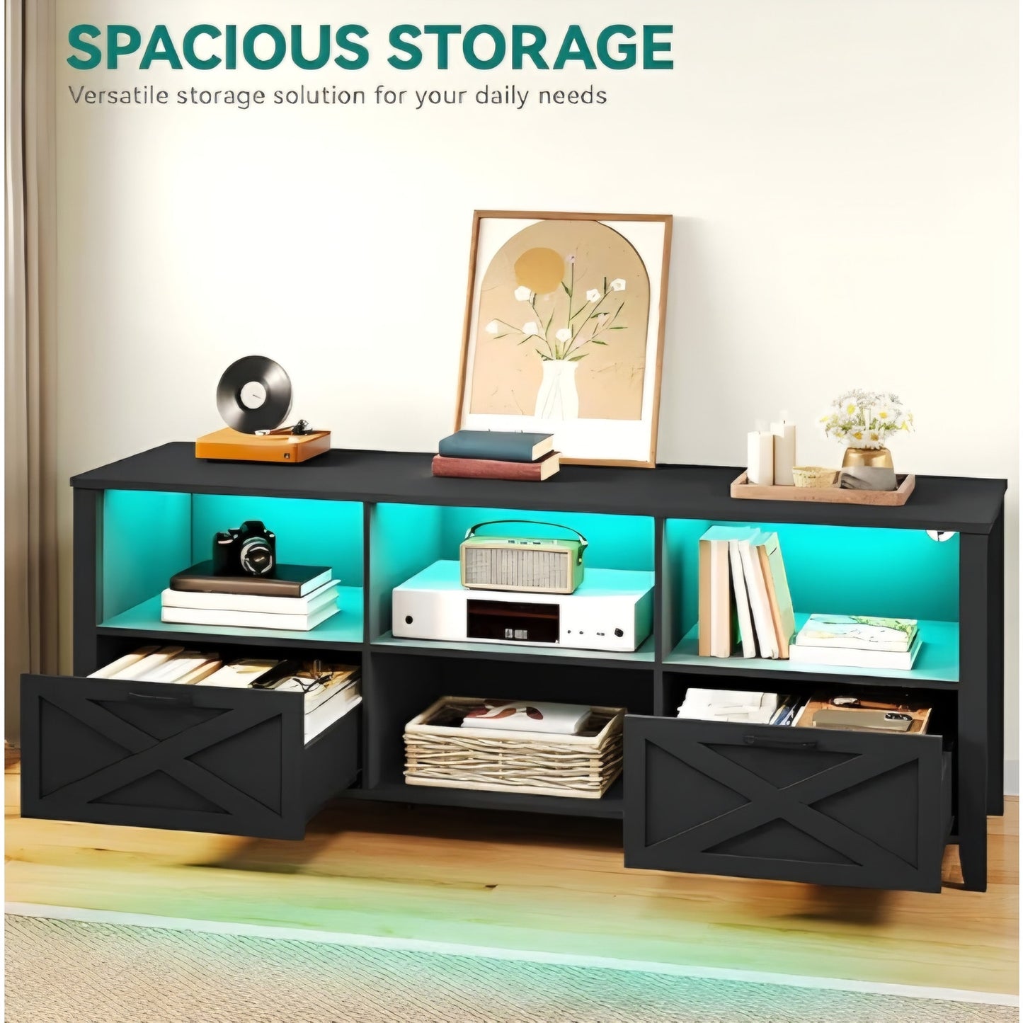 YITAHOME 70 Inch Farmhouse TV Stand with LED Lighting, Fits TVs up to 80 Inches