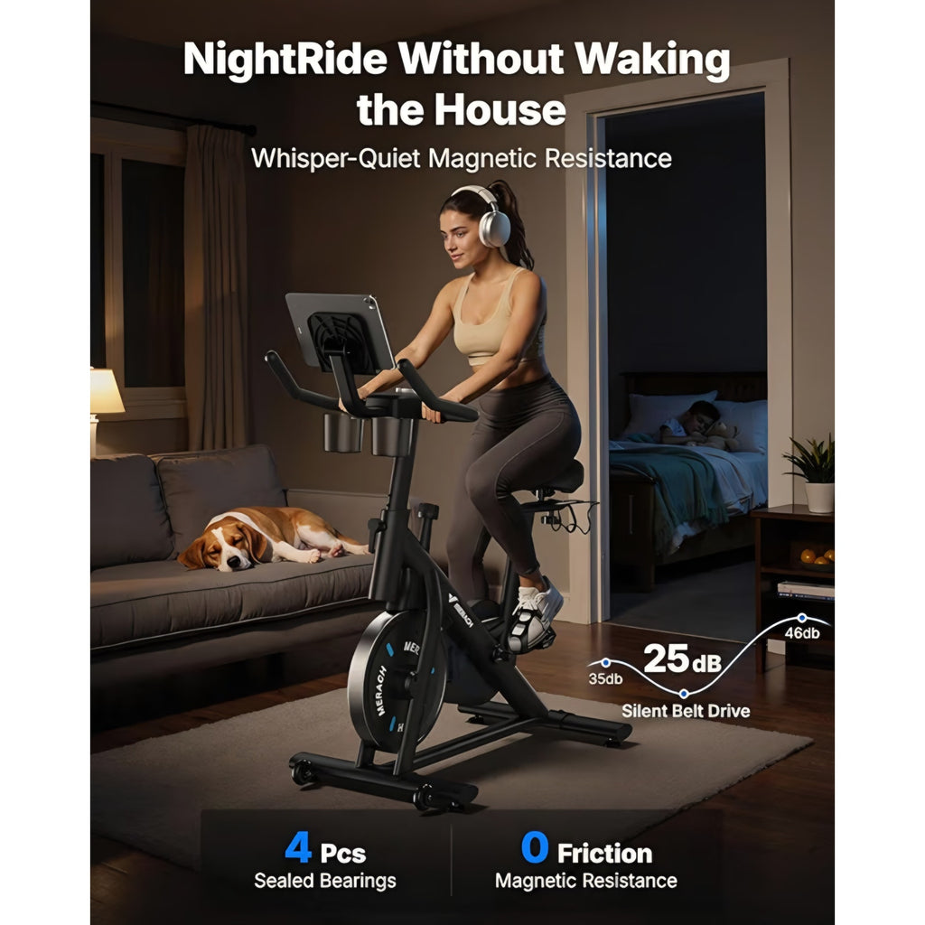 Merach Exercise Bike, Magnetic Friction Stationary Bike with Brake Pad and Exclusive App,