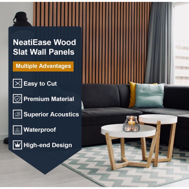 NeatiEase Wood Panels for Wall, 4-Piece 96" x 12.6" Soundproof Wood Slat Wall (Teak)