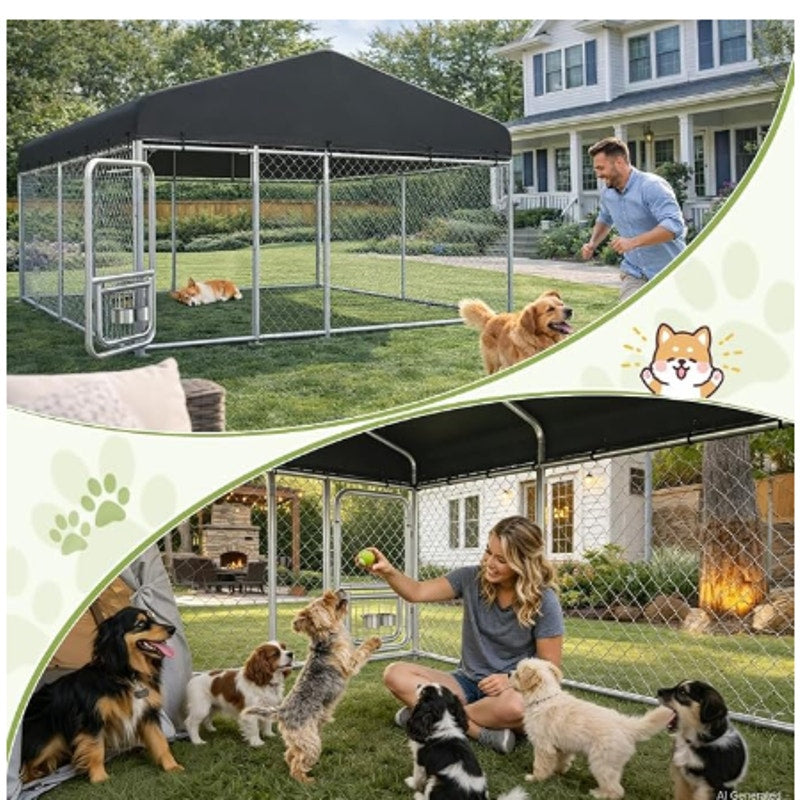 COMHOMA 10×10FT Outdoor Dog Kennel withAdjustable Bowls Feeder Heavy Duty Extra-Large Dog Enclosure
