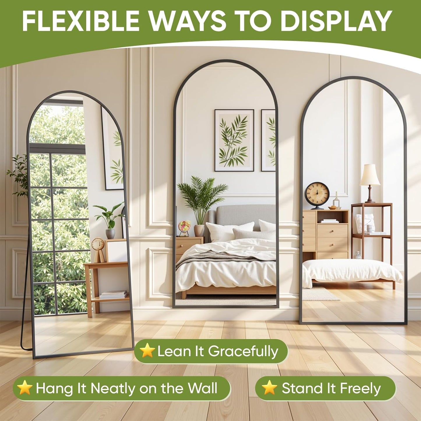 Full Length Mirror 86" L x 46" Full Body Standing, for Bedroom, Living Room, Arched Style Black