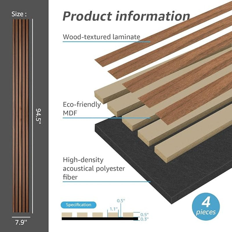 Art3d 4-Piece Wood Slat Acoustic Panels, Stylish Decor and Noise Reduction, Walnut, 94.5x7.9 In.