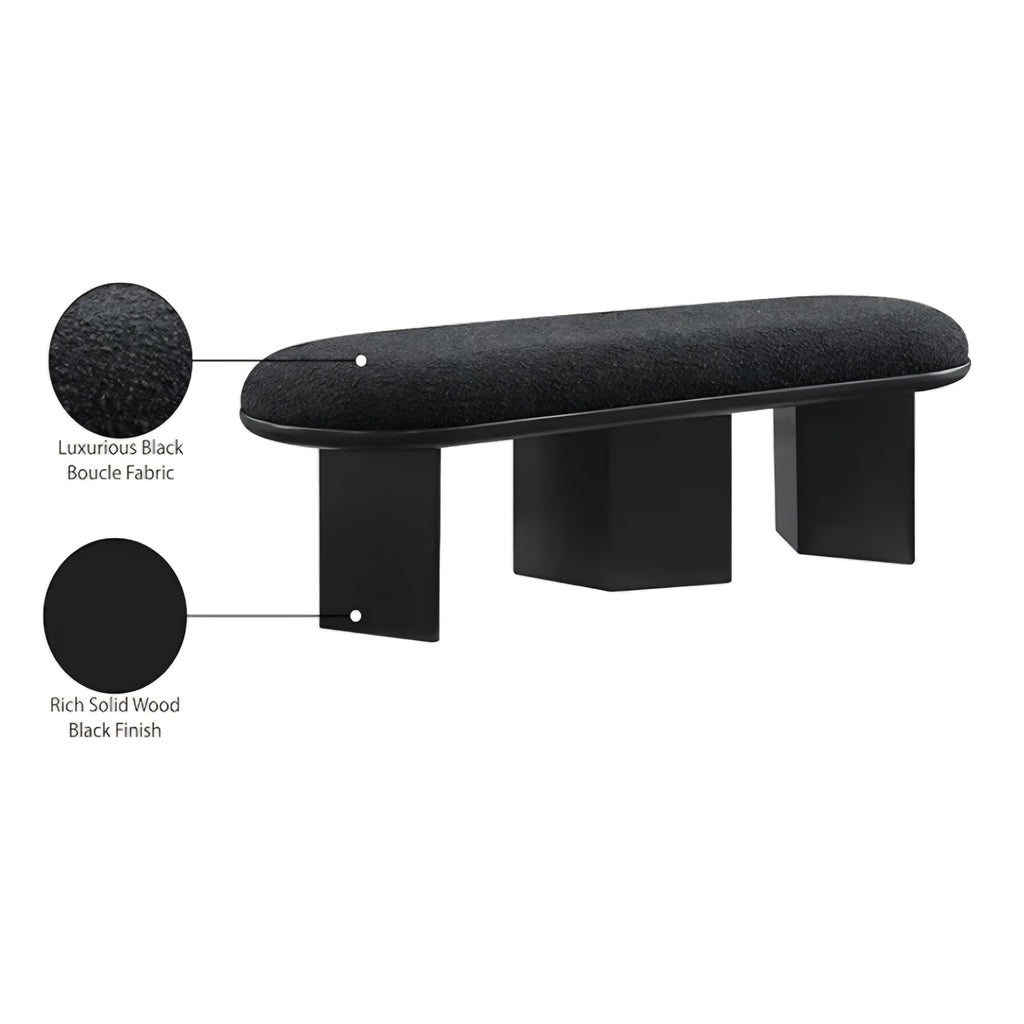 Bench with Luxurious Black Boucle Fabric and Rich Solid Wood with Rich Finish