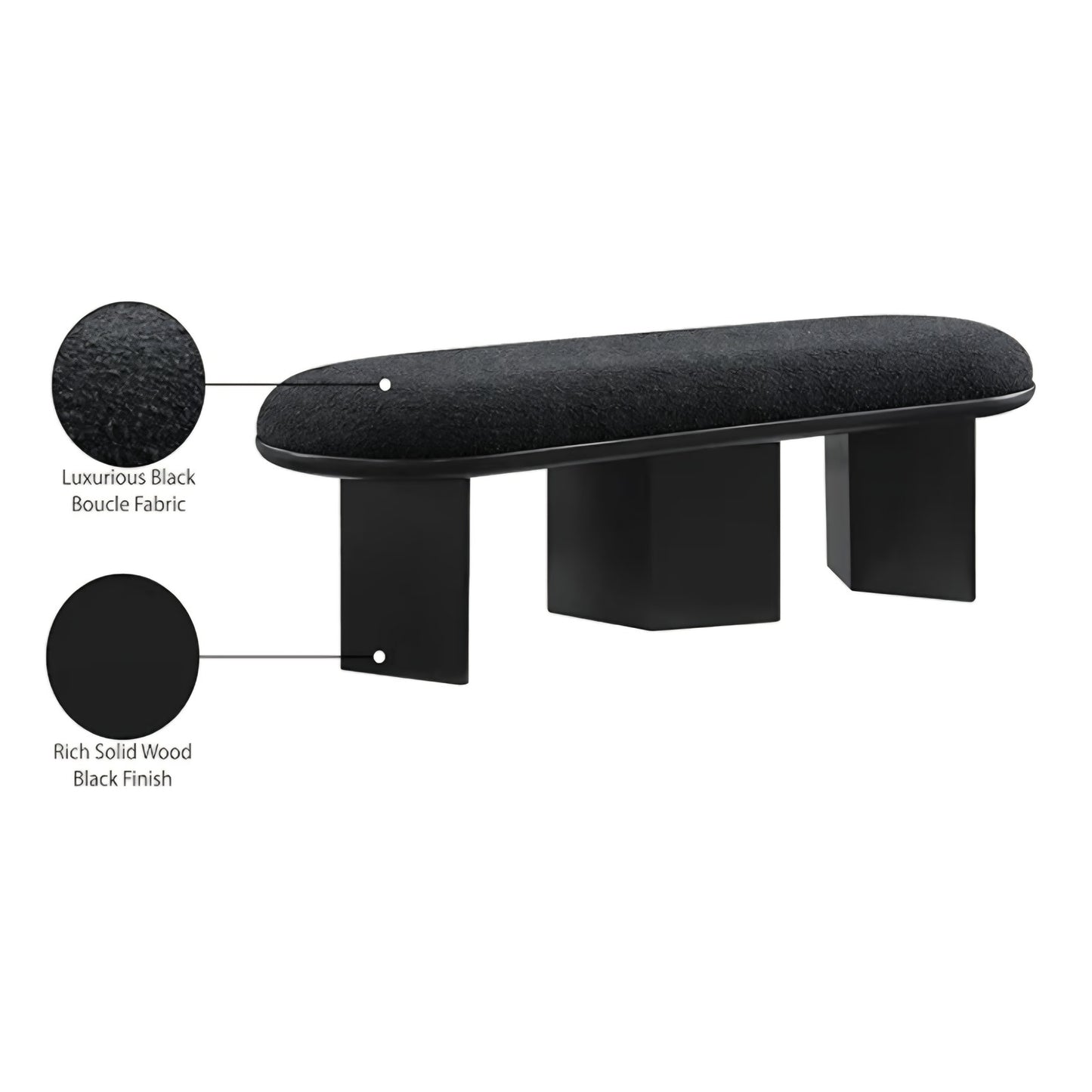 Bench with Luxurious Black Boucle Fabric and Rich Solid Wood with Rich Finish