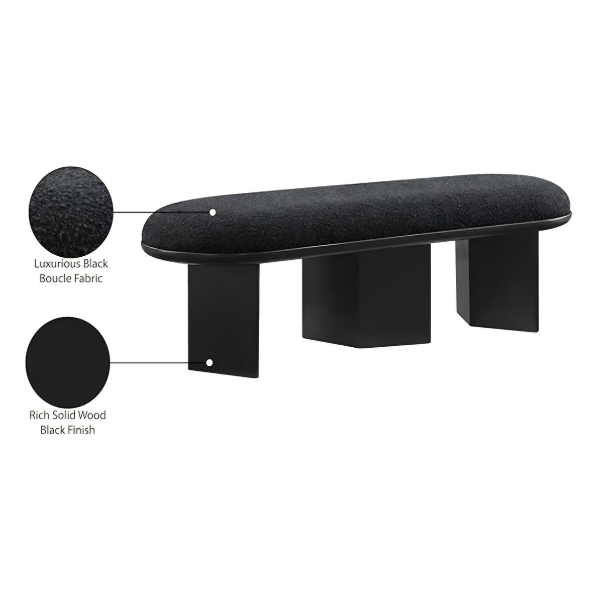 Bench with Luxurious Black Boucle Fabric and Rich Solid Wood with Rich Finish