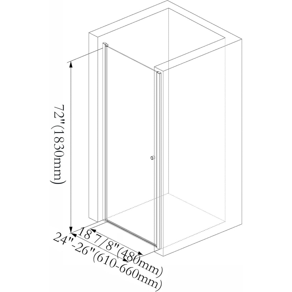 Pivot Shower Door,24-26" W x 72" H Frameless, 1/4" (6 mm) in Thick Clear Tempered Glass, Gold