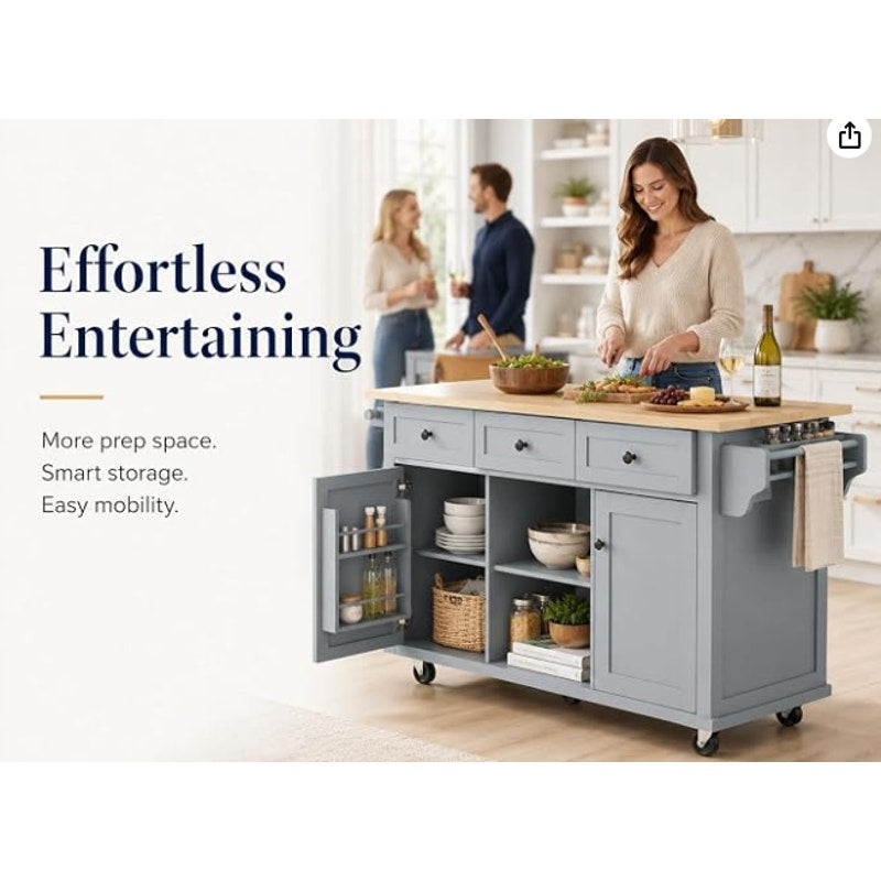 Rolling Kitchen Island with Storage and Drop Leaf, Grey Blue