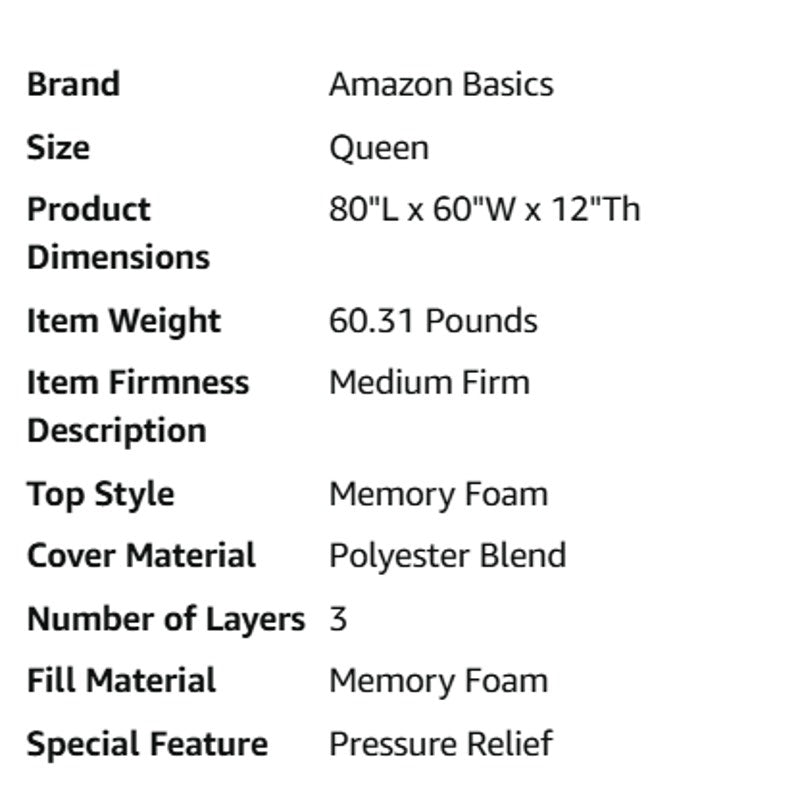 Queen matress 12 inch  Amazon Basic Medium Firm Memory Foam Mattress, Breathable, White/Grey