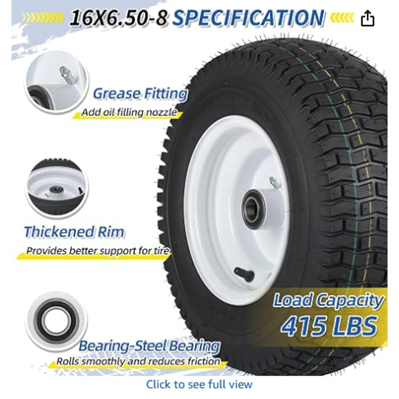 GICOOL 16x6.50-8 Tubeless Tire and Wheel, 【1" Bearing, 4" Centered Hub】,16x6.5-8" Lawn Mower Tires