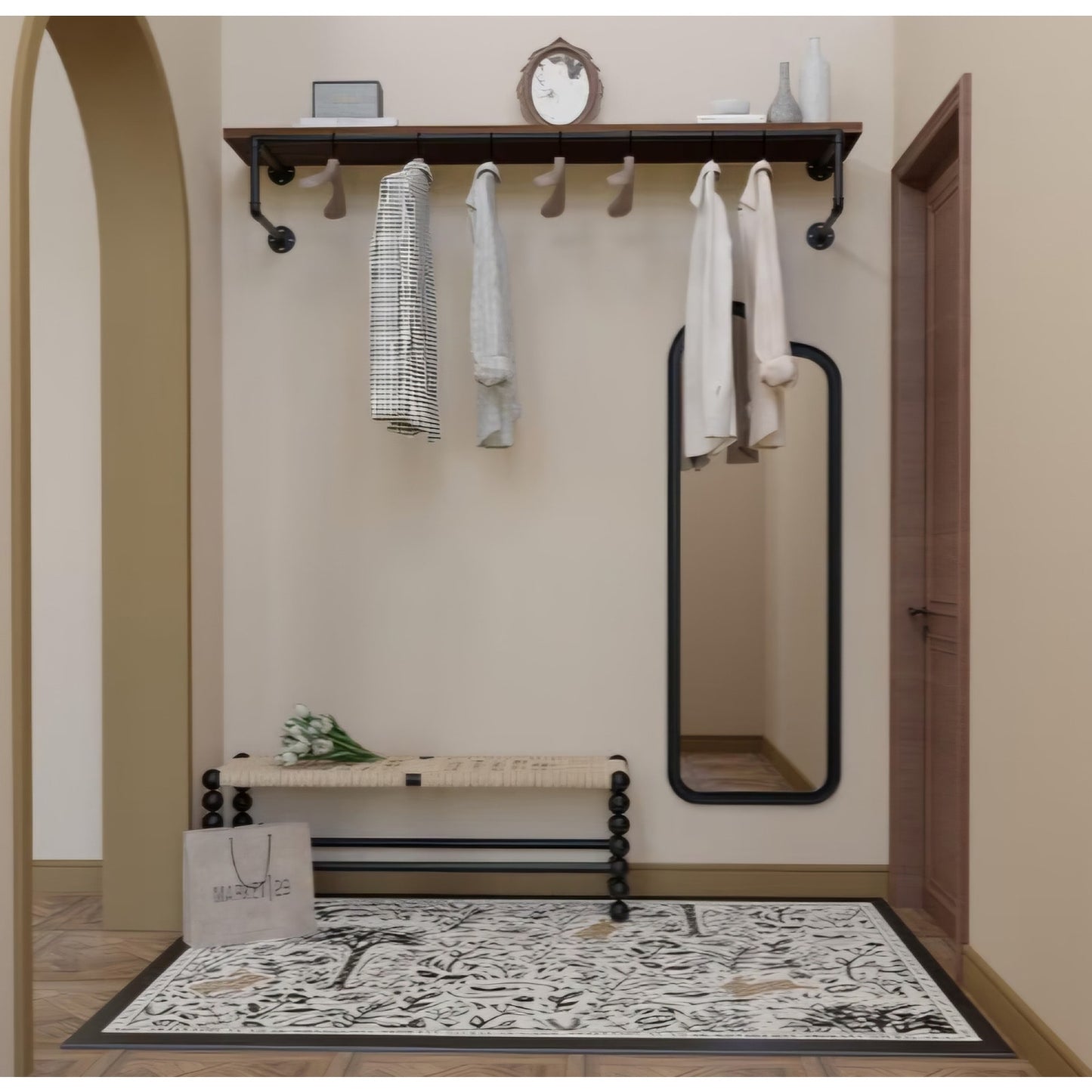 Clothes Rack 60in, Wall Mounted Garment Racks with Real Walnut Wood Shelf