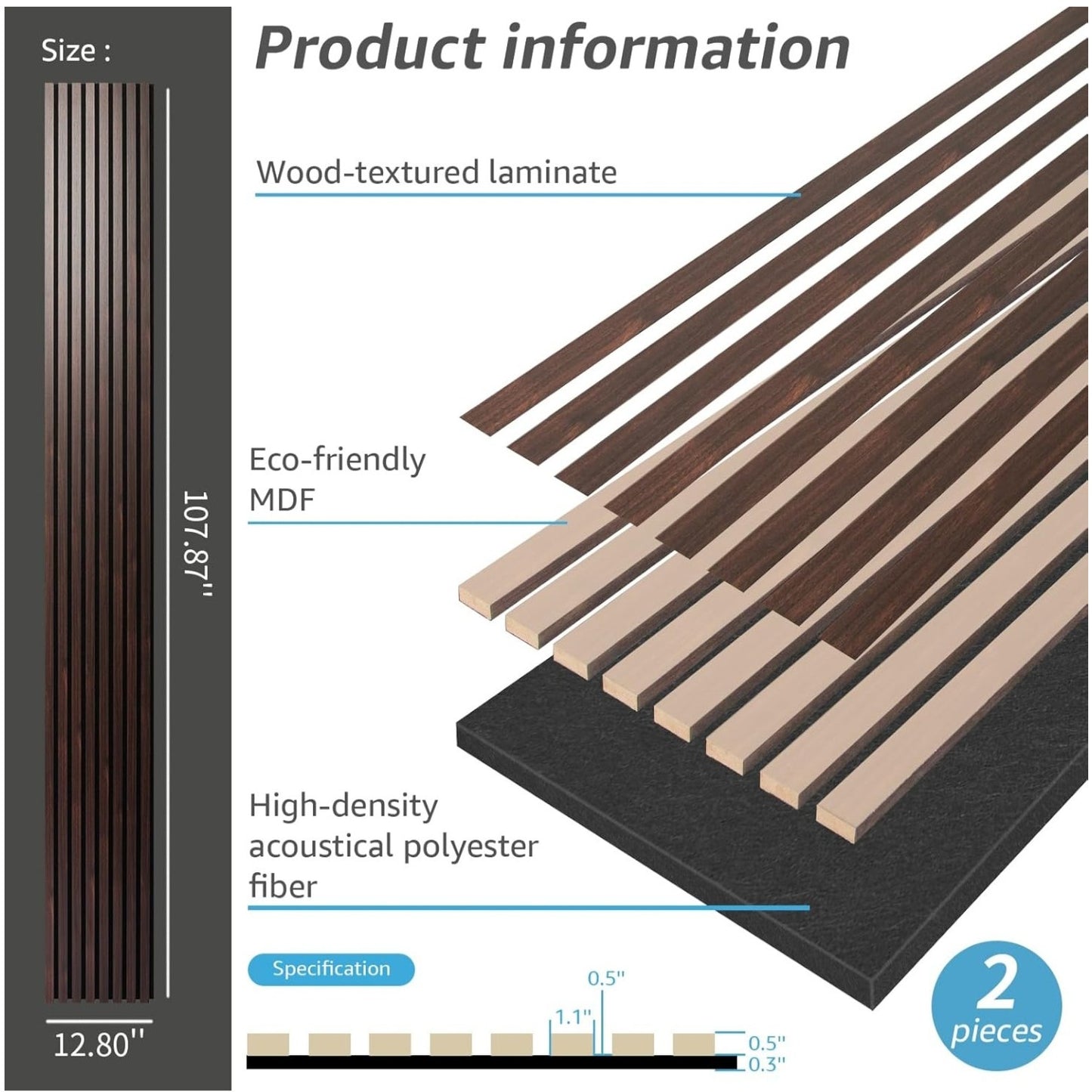 Art3dwallpanels Wood Slat Wall Panel, 108'' x 13'' Wood Panels for Wall 2 Pack 3D Soundproof