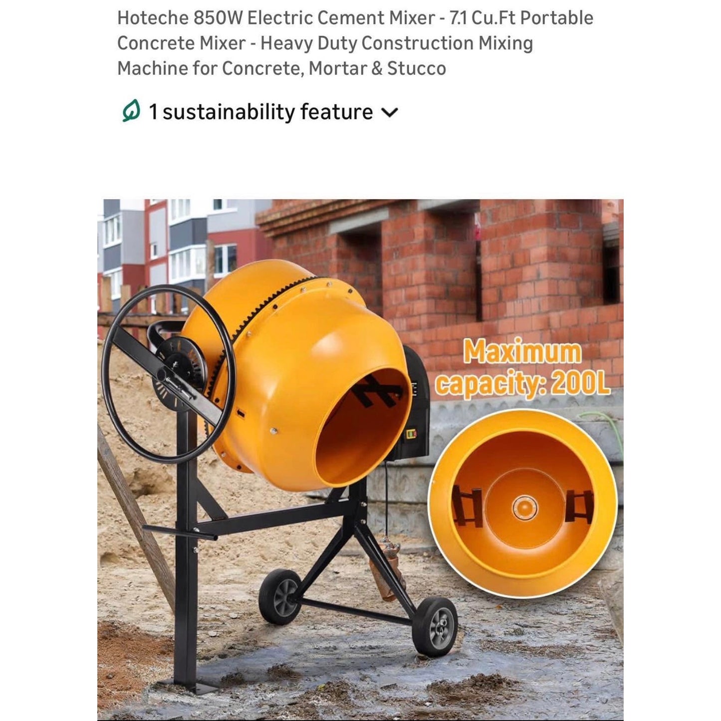 Hoteche 850W Electric Cement Mixer 7.1 Cu.Ft Portable Concrete Mixer