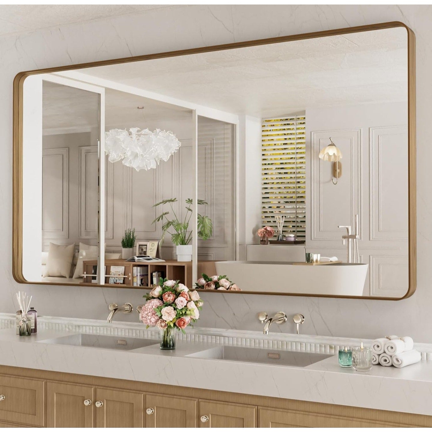LOAAO 84X32 Inch Bathroom Mirror with Wood Grain Colored Metal Frame