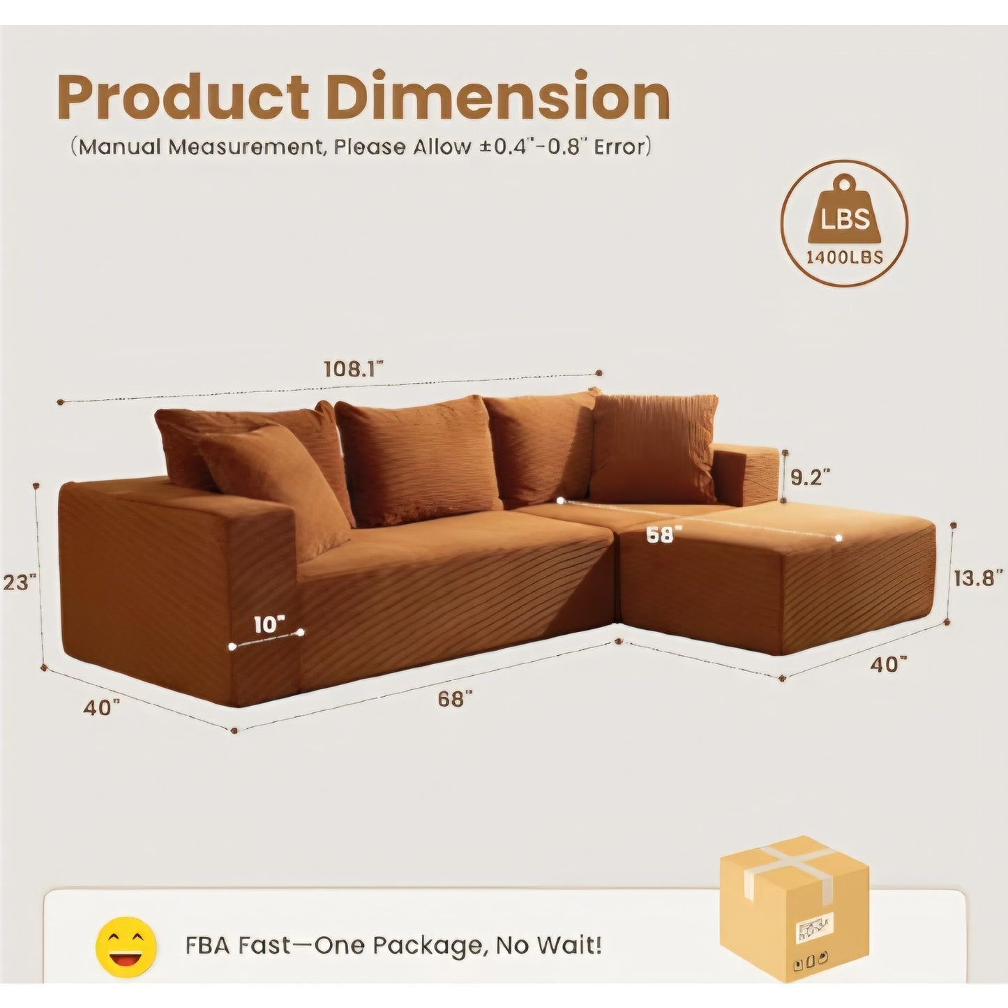 L-Shaped Boneless Couch, Modular Sectional Sofa with Moveable Ottoman