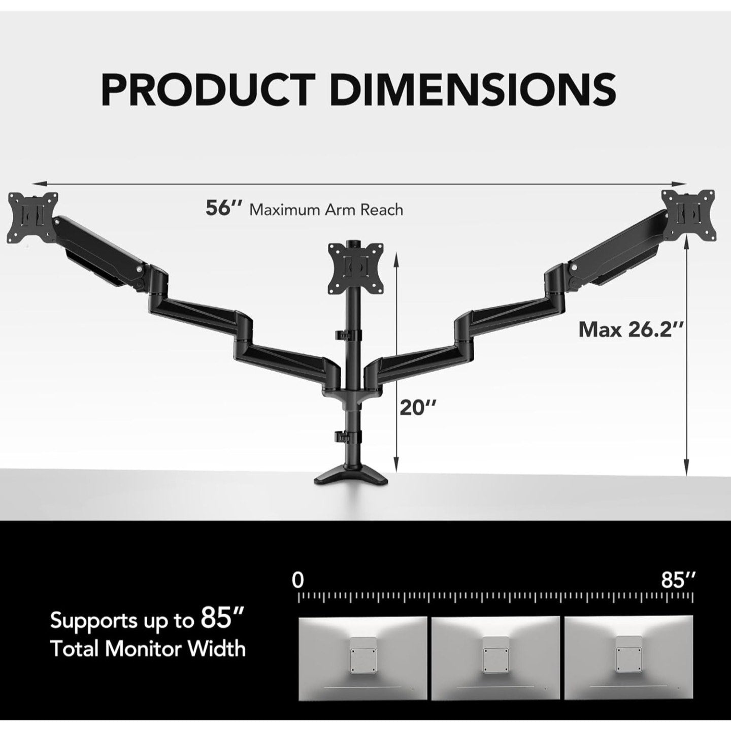 HUANUO Triple Monitor Mount for 17 to 32 inch Screens, Gas Springs Adjustment Triple Monitor Stand