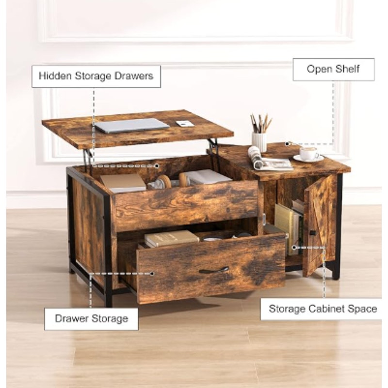 FABATO 41.7" Rustic Brown Lift Top Coffee Table with Storage Drawer, Hidden Compartment