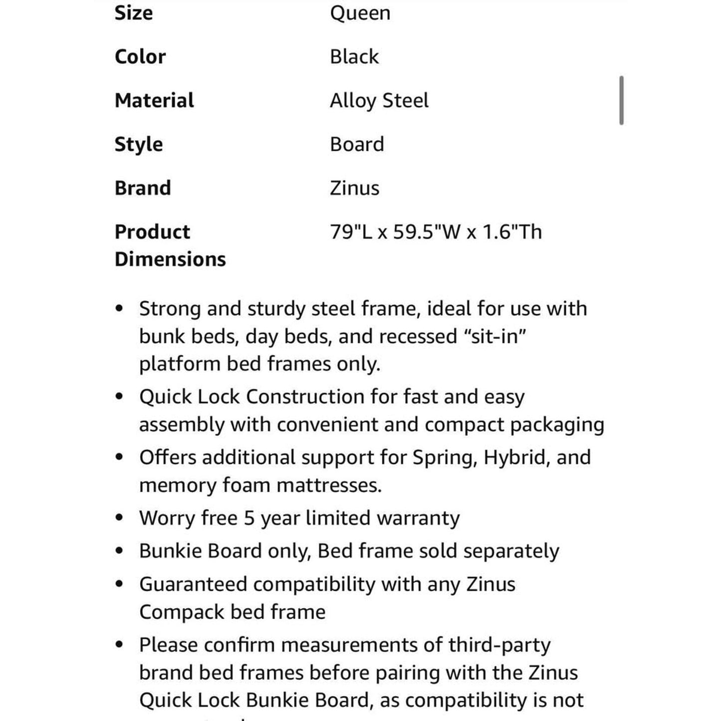 ZINUS Quick Lock Bunkie Board, Box Spring & Bed Slat Replacement, Metal Frame with Steel Slats, Easy