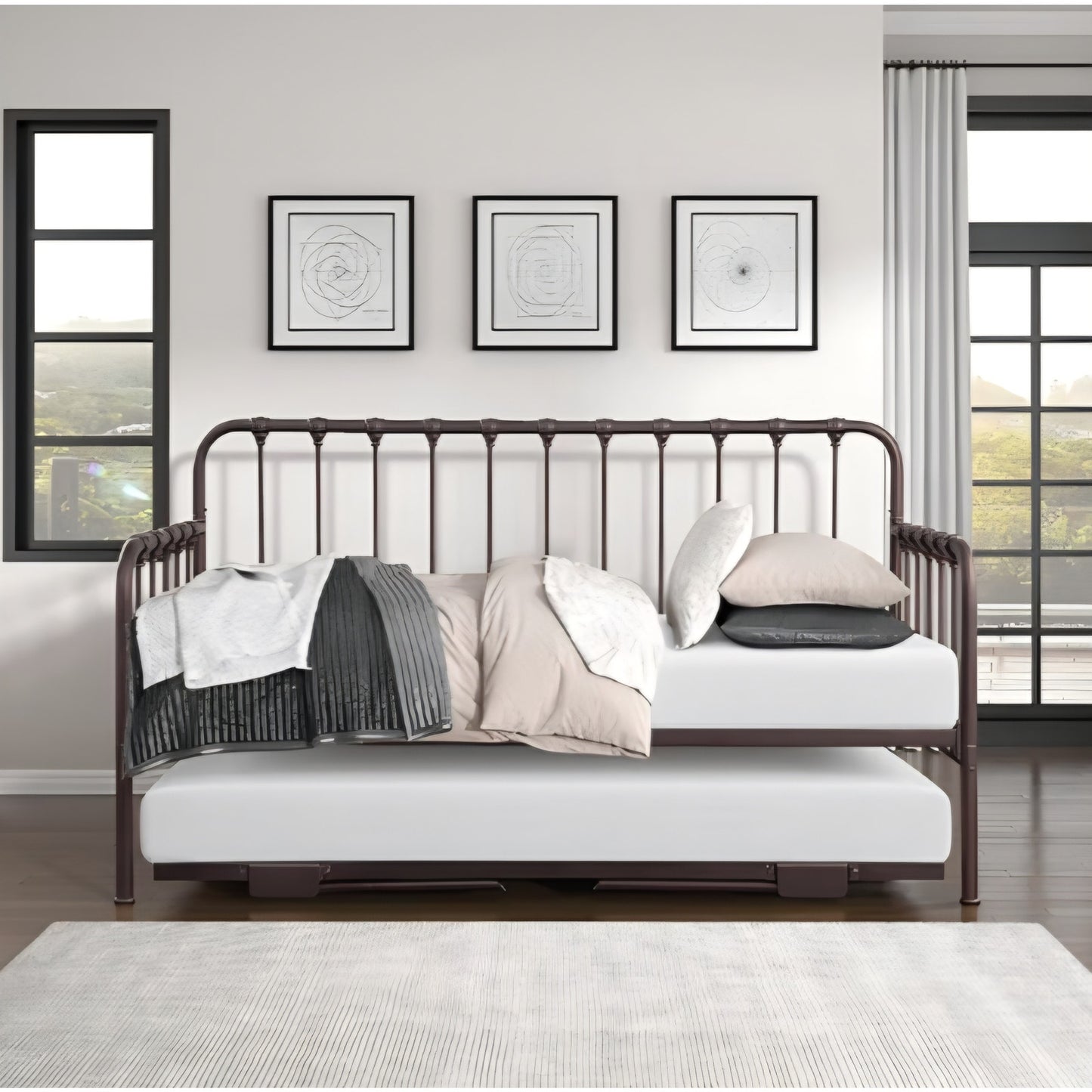 Twin bed Metal Daybed with Trundle Mattress Foundation with Steel Slat Support, Easy Assembly