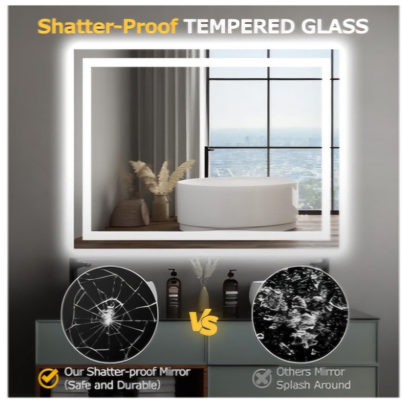 48"X36" LED Bathroom Mirror with Lights, Anti-Fog, Dimmable, Backlit + Front Lit, Smart Bathroom