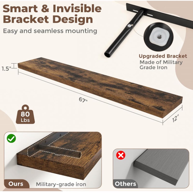 12 Inch Deep Floating Shelves, 67 Inch Long Extra Large Floating Shelves for Home & Office