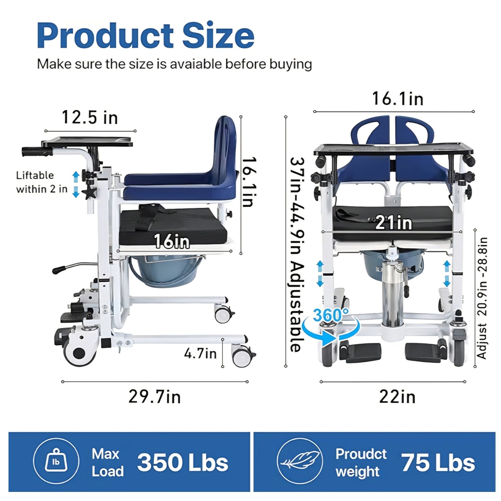 Transfer Lift Chair, 350 lb Capacity, 180° Split Seat, Hydraulic Commode Wheelc