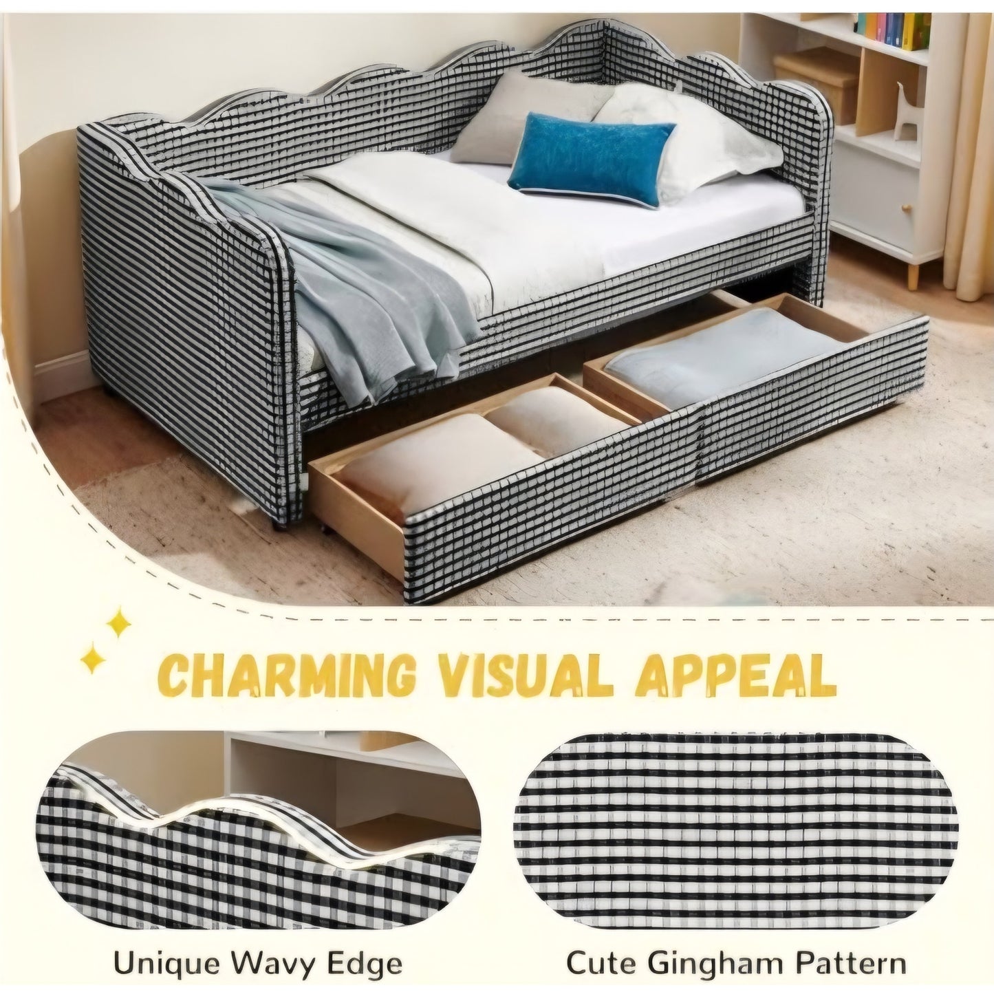 Twin Size Upholstered Daybed with 2 Storage Drawers, Gingham Daybed with USB Ports for Bedroom